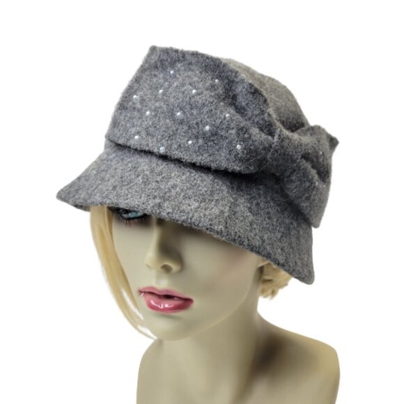 Grey Wool Hat Bow Sequin Accented Cloche Bucket Hat One Size - Picture 6 of 13
